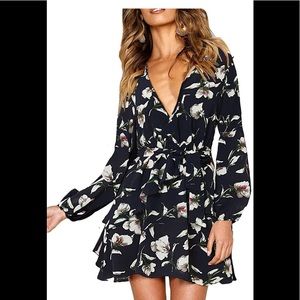 V Neck Dress Floral Mini Swing Dress